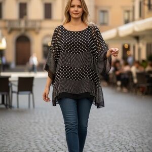 Dana Kay Blouse White on Black Polka Dots with Tie Fabric Belt Lined 14W EUC